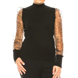 SIONI LEOPARD ORGANZA SLEEVEMOCK NECKSWEATER TOP #3